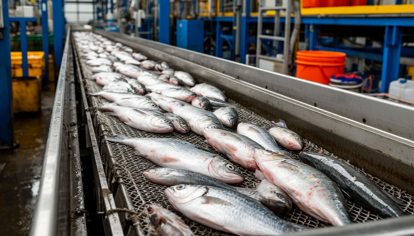 Конвейер на производстве рыбной продукции